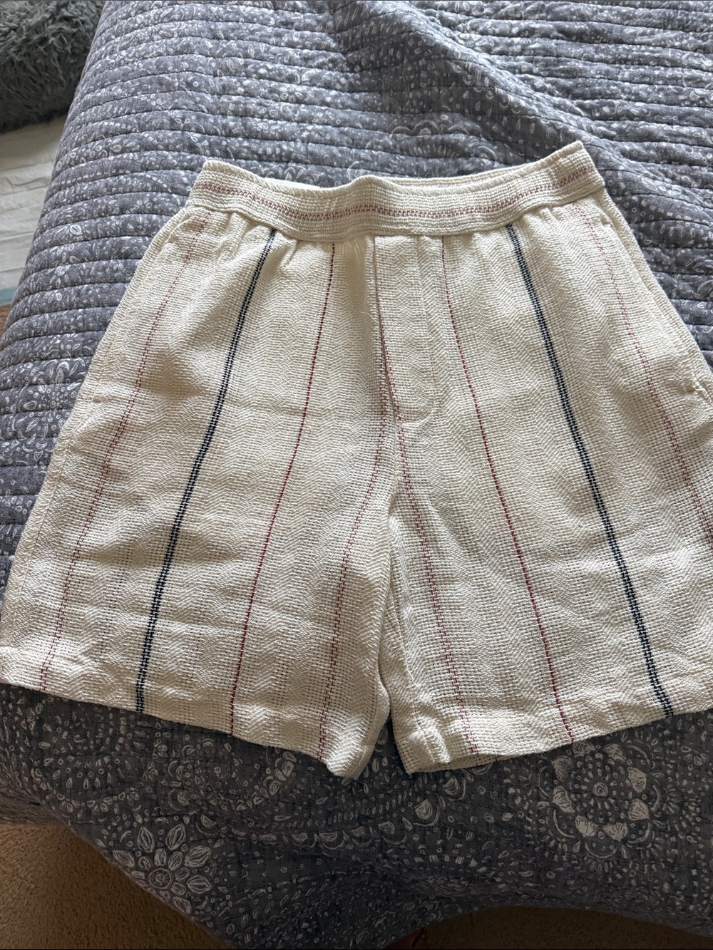 Zara Cream Lounge Shorts with Navy and Red Pinstripes
